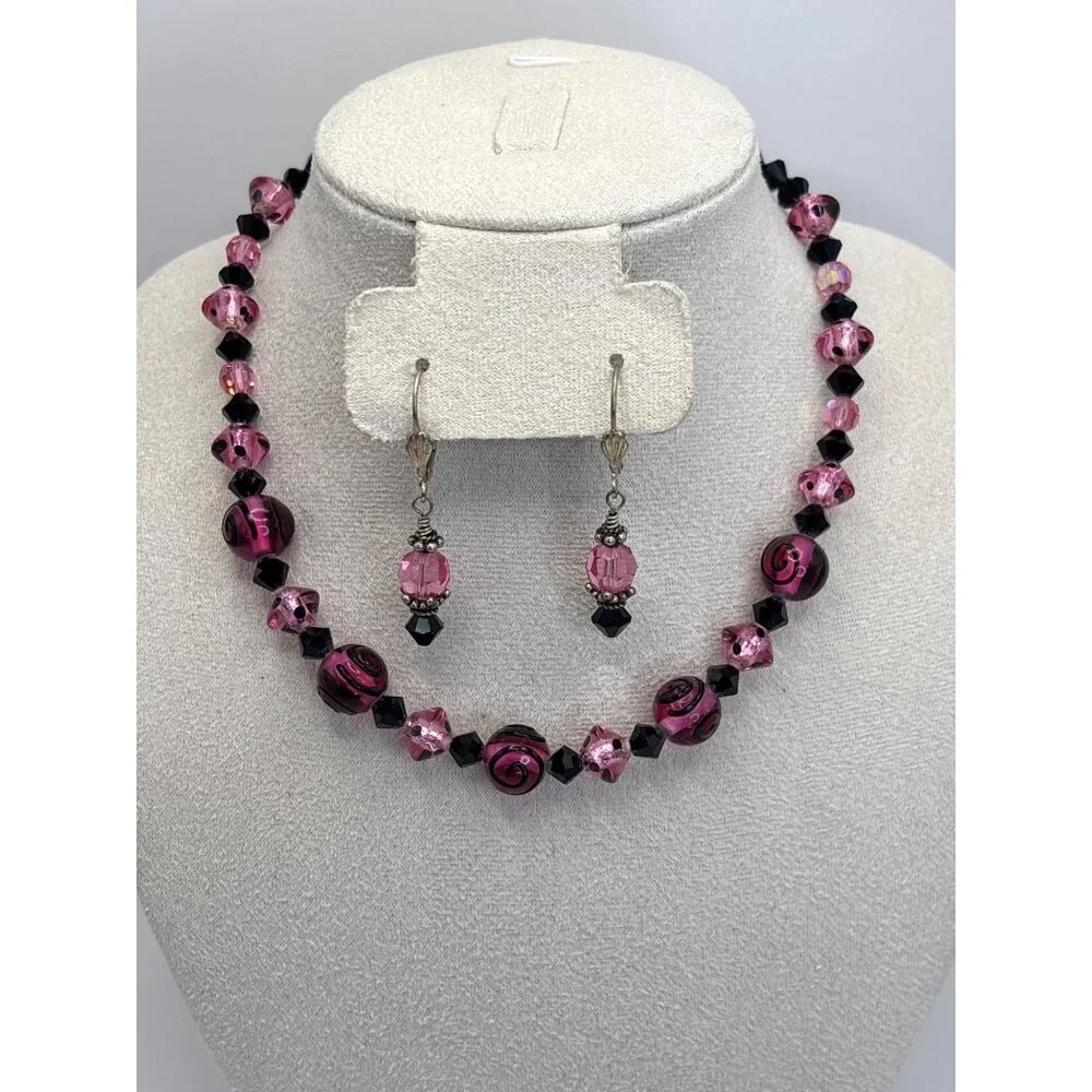 Pink Black Glass Wire Strung Beaded Toggle Choker Necklace Earrings 14” Length
